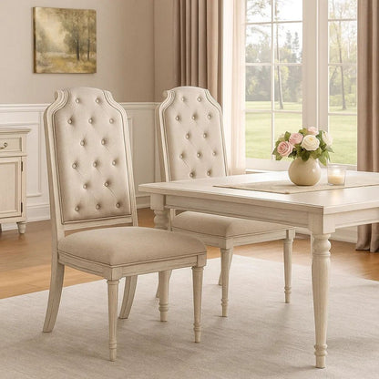 Side Chair with Tapered Legs and Button Tufted Back, Set of 2, Beige - View 7