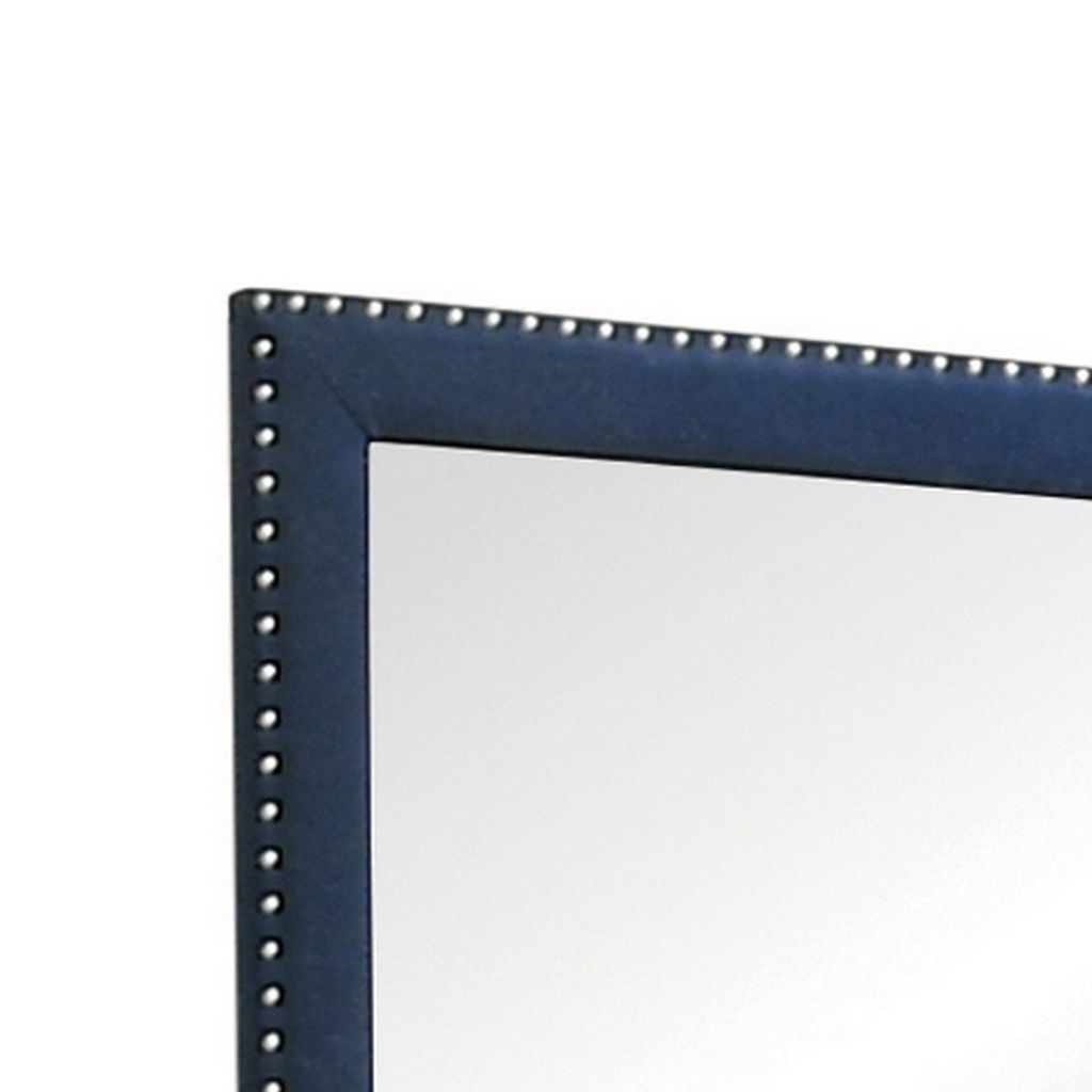 Cale 40 Inch Modern Glam Portrait Mirror, Nailhead, Blue Velvet Upholstered - View 2