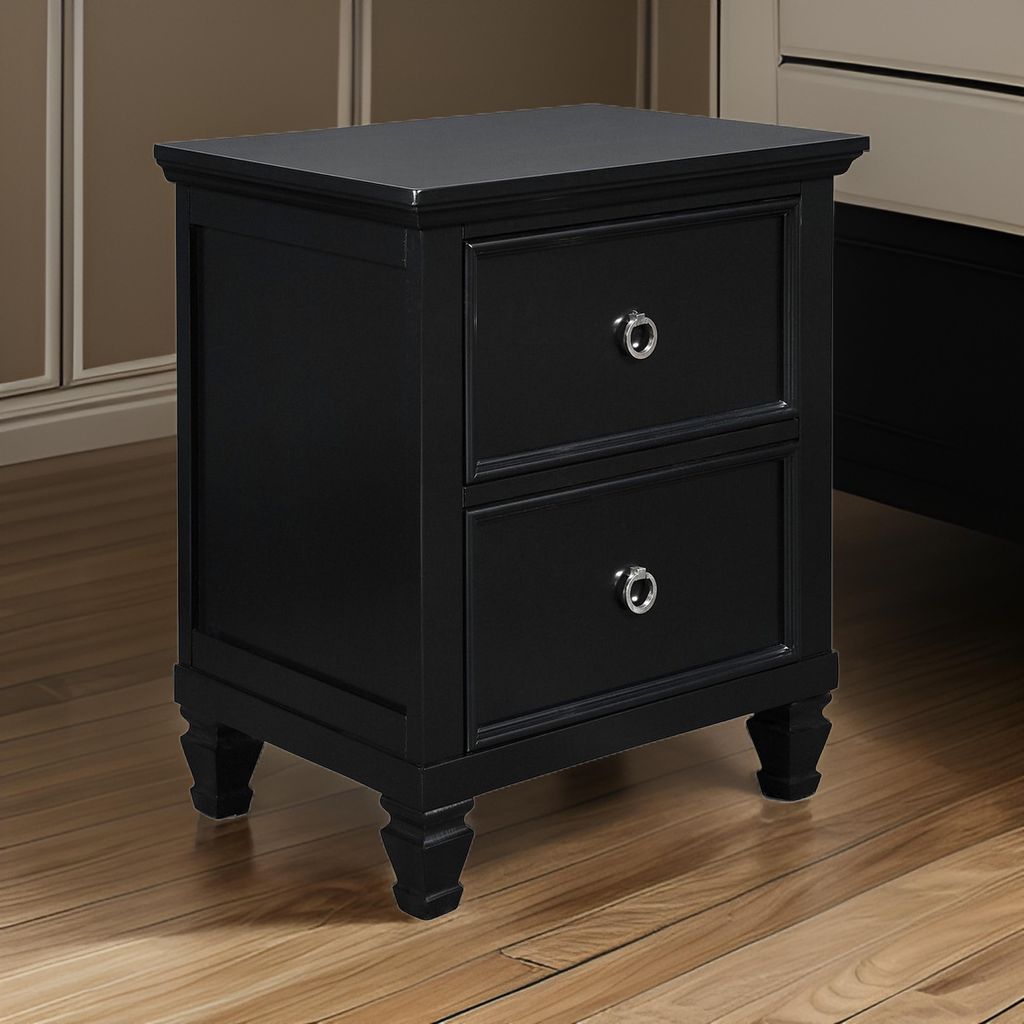 Umi 2 Drawer Wooden nightstand with Tapered Legs and Metal Rings, Black - View 7