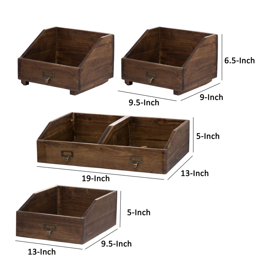 19, 13, 10 Inch Fir Wood Box, Set of 4 with Metal Handles, Antique Brown - View 5