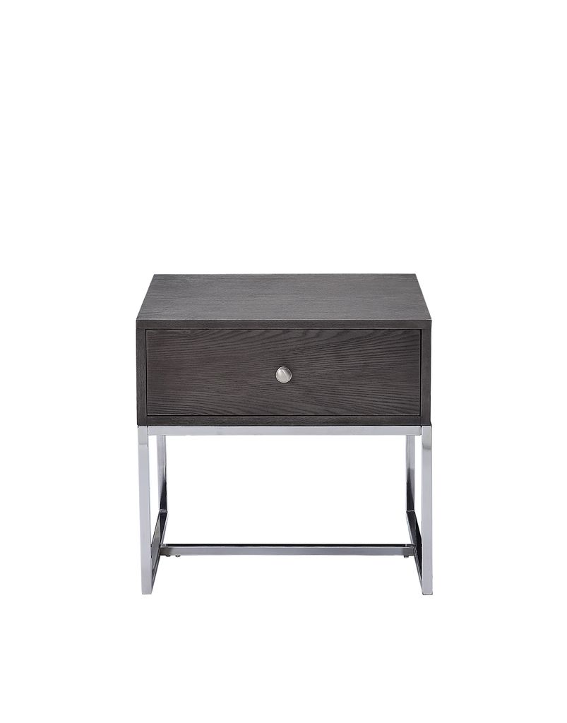 Wooden End Table with Tubular Metal Base and Spacious Drawer, Gray and Silver - View 4