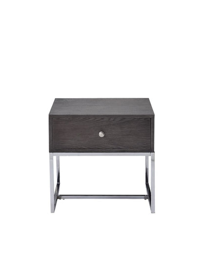 Wooden End Table with Tubular Metal Base and Spacious Drawer, Gray and Silver - View 4