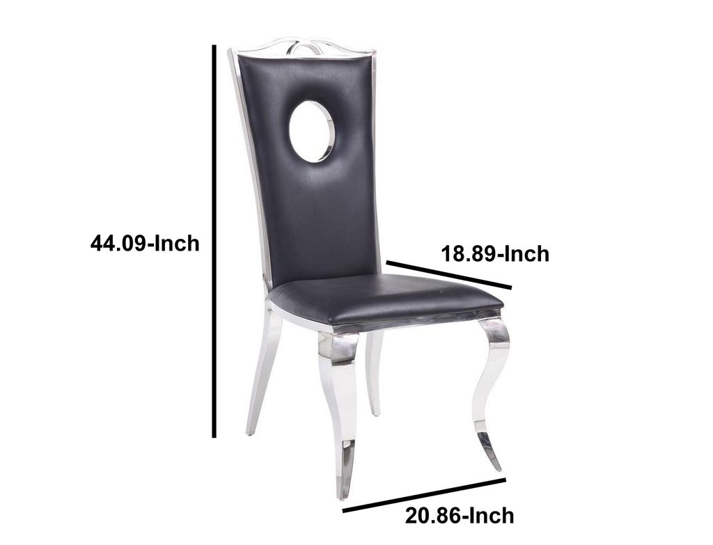 19 Inch Dining Side Chair, Faux Leather, Set of 2, Black, Silver - View 5