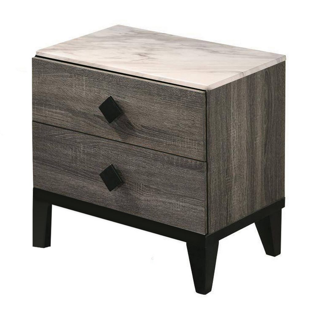 2 Drawer Wooden Nightstand with Grains and Angled Legs, Gray - View 3
