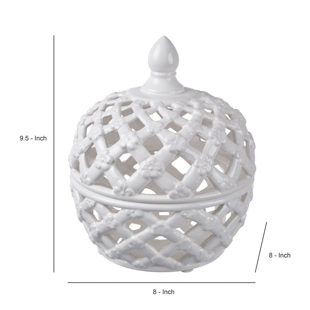 Decorative Ceramic Lidded Jar with Flower Motif Exterior, Small, White - View 5