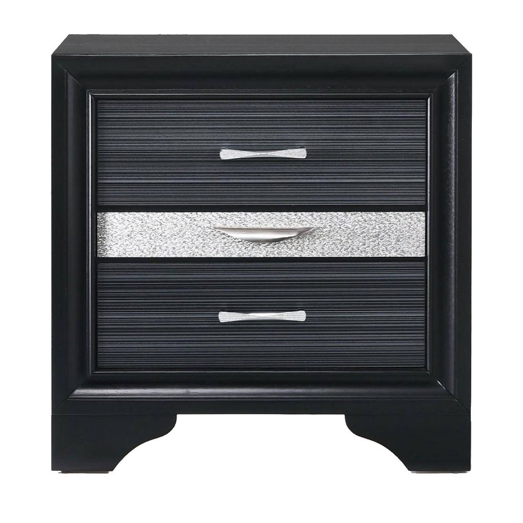 Two Tone Wooden Nightstand With Three Drawers, Black And Silver - View 2
