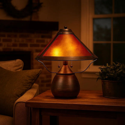 Pot Bellied Metal Body Table Lamp with Conical Mica Shade, Bronze - View 7