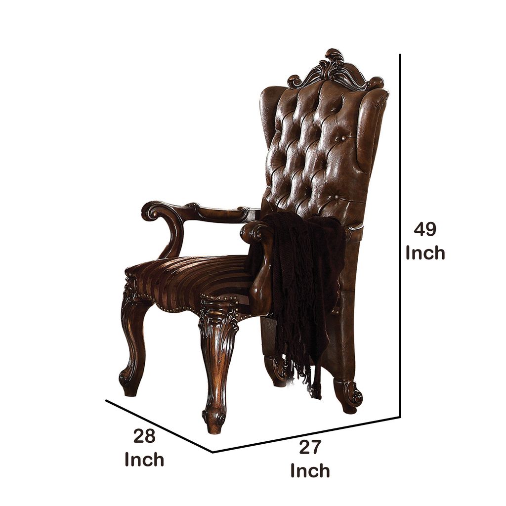 Wooden Arm Chair with Button Tufted Backrest and Carved Details, Set of 2, Brown - View 5