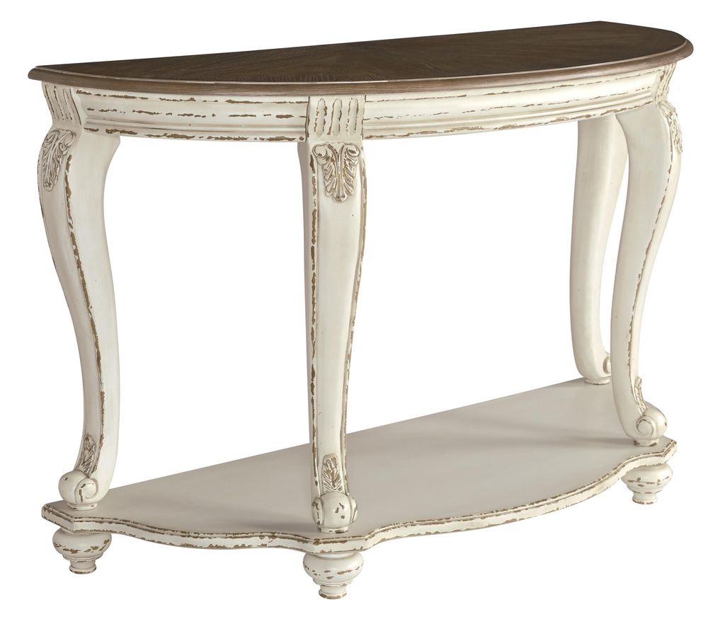 Crescent Moon Wooden Sofa Table with Engraved Details, Brown and White