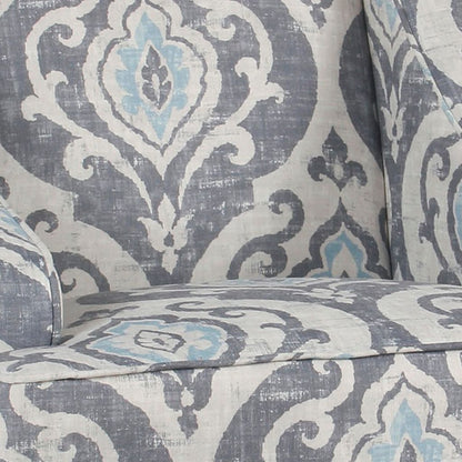 Fabric Upholstered Wooden Accent Chair with Swooping Armrests and Damask Pattern Design, Multicolor - View 4