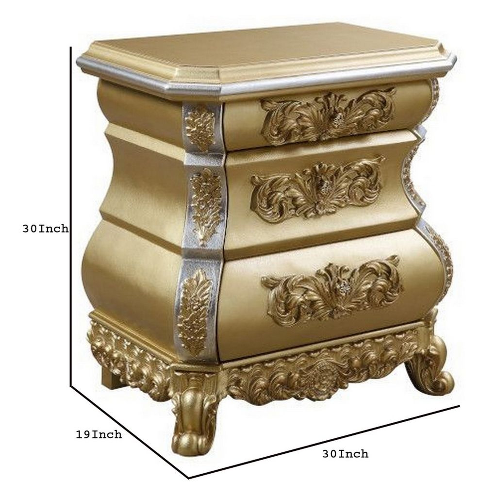 Nightstand with Bombe Shaped and 3 Carved Drawers, Gold - View 6
