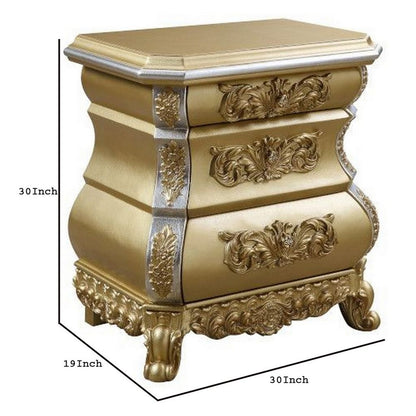 Nightstand with Bombe Shaped and 3 Carved Drawers, Gold - View 6