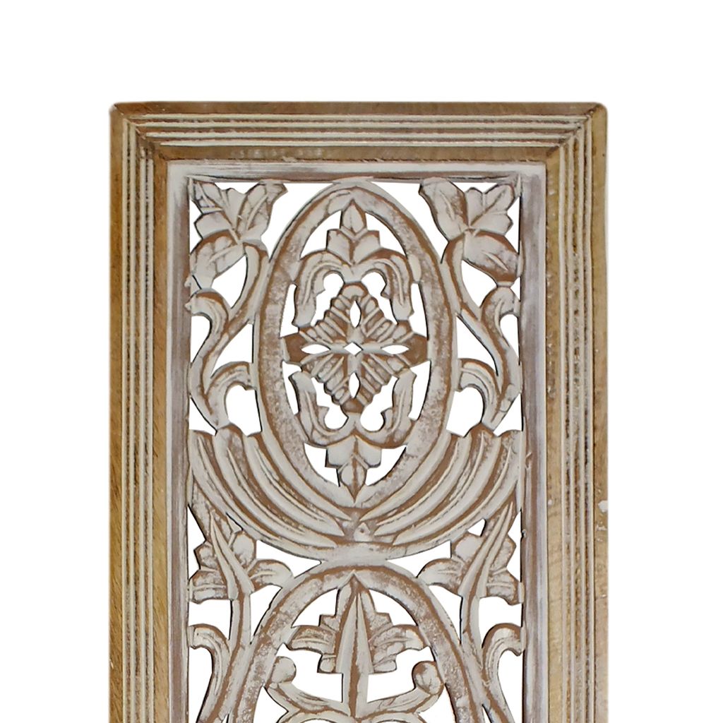 Rectangular Mango Wood Wall Panel Hand Crafted With Intricate Carving, White and Brown - View 3