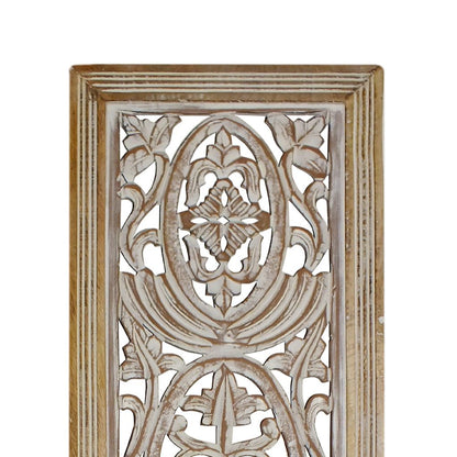 Rectangular Mango Wood Wall Panel Hand Crafted With Intricate Carving, White and Brown - View 3
