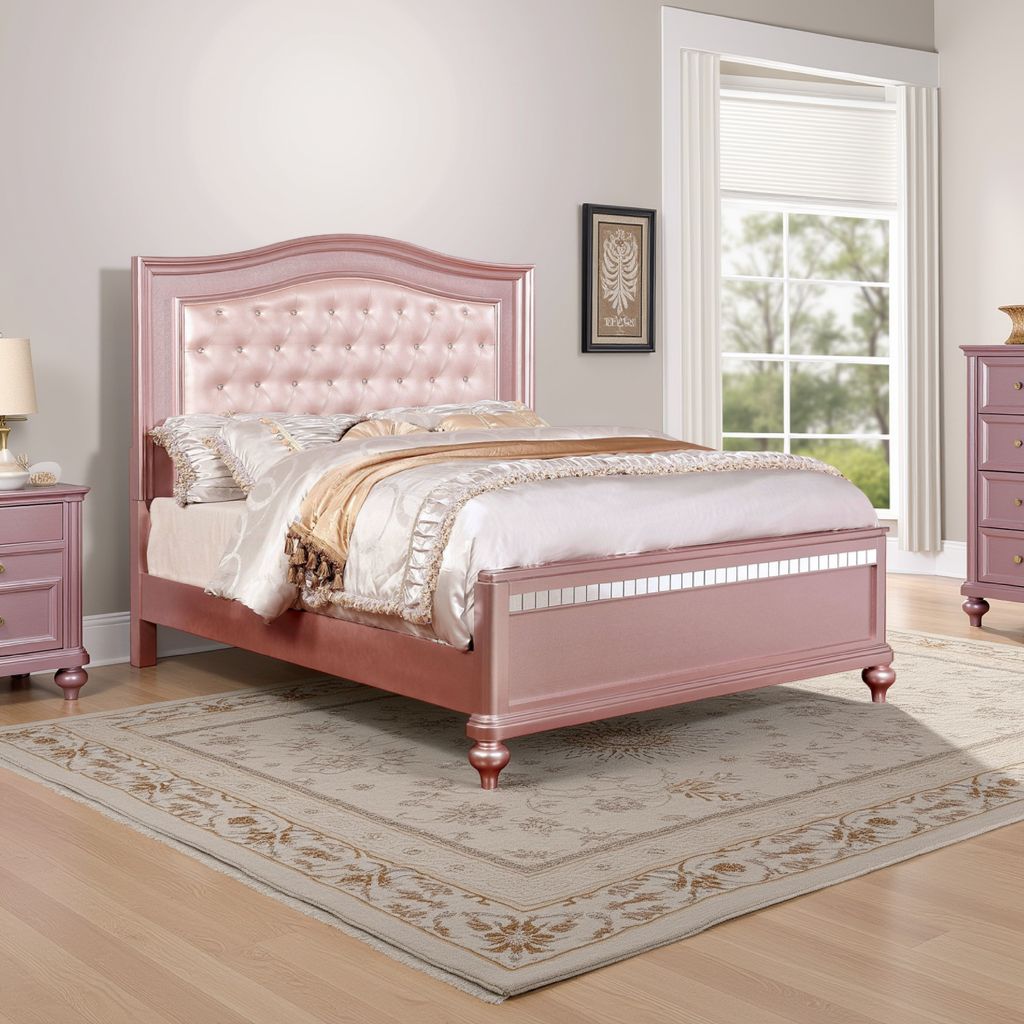 Twin Size Wooden Bed With Mirror Trim Details and Camelback Headboard, Pink - View 7