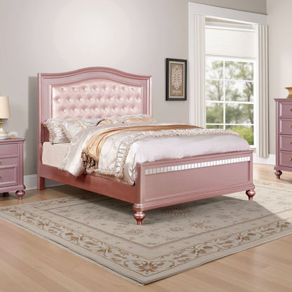 Twin Size Wooden Bed With Mirror Trim Details and Camelback Headboard, Pink - View 7