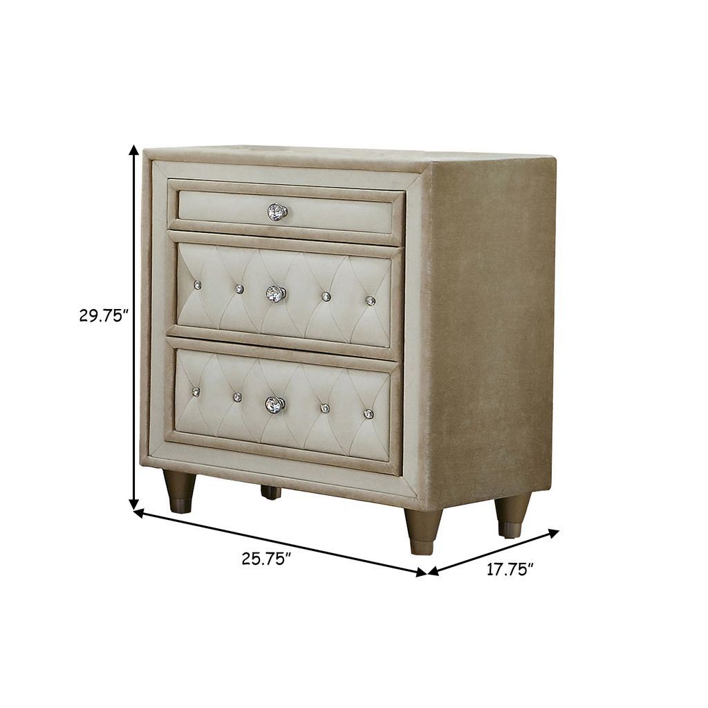 Matt 30 Inch Modern Nightstand, 3 Drawers, Velvet Tufted, Ivory Light Brown - View 5
