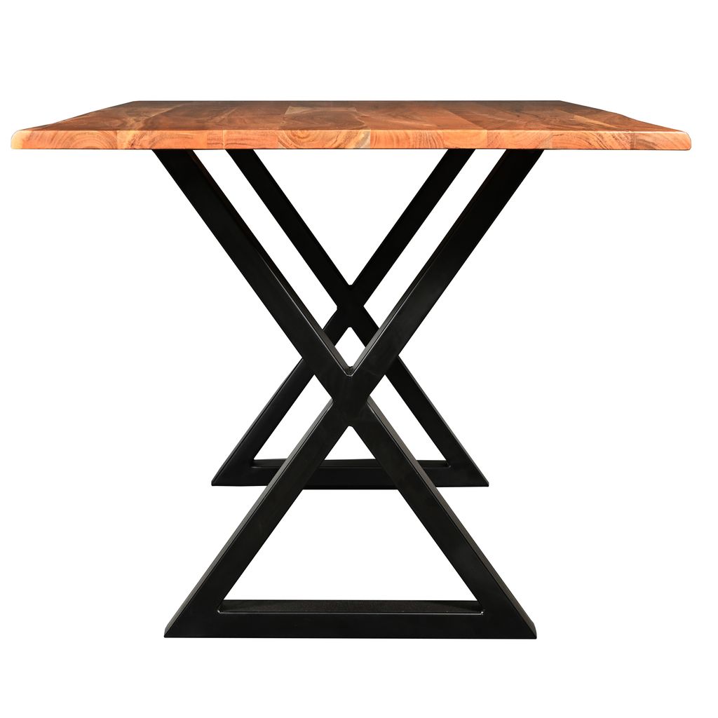 67 Inch Rectangular Dining Table with Crossed Black Metal Legs and Natural Brown Faux Live Edge Acac - View 3