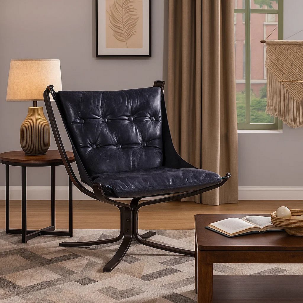 Star Base Metal Accent Chair with Faux Leather Seating, Blue and Brown - View 7