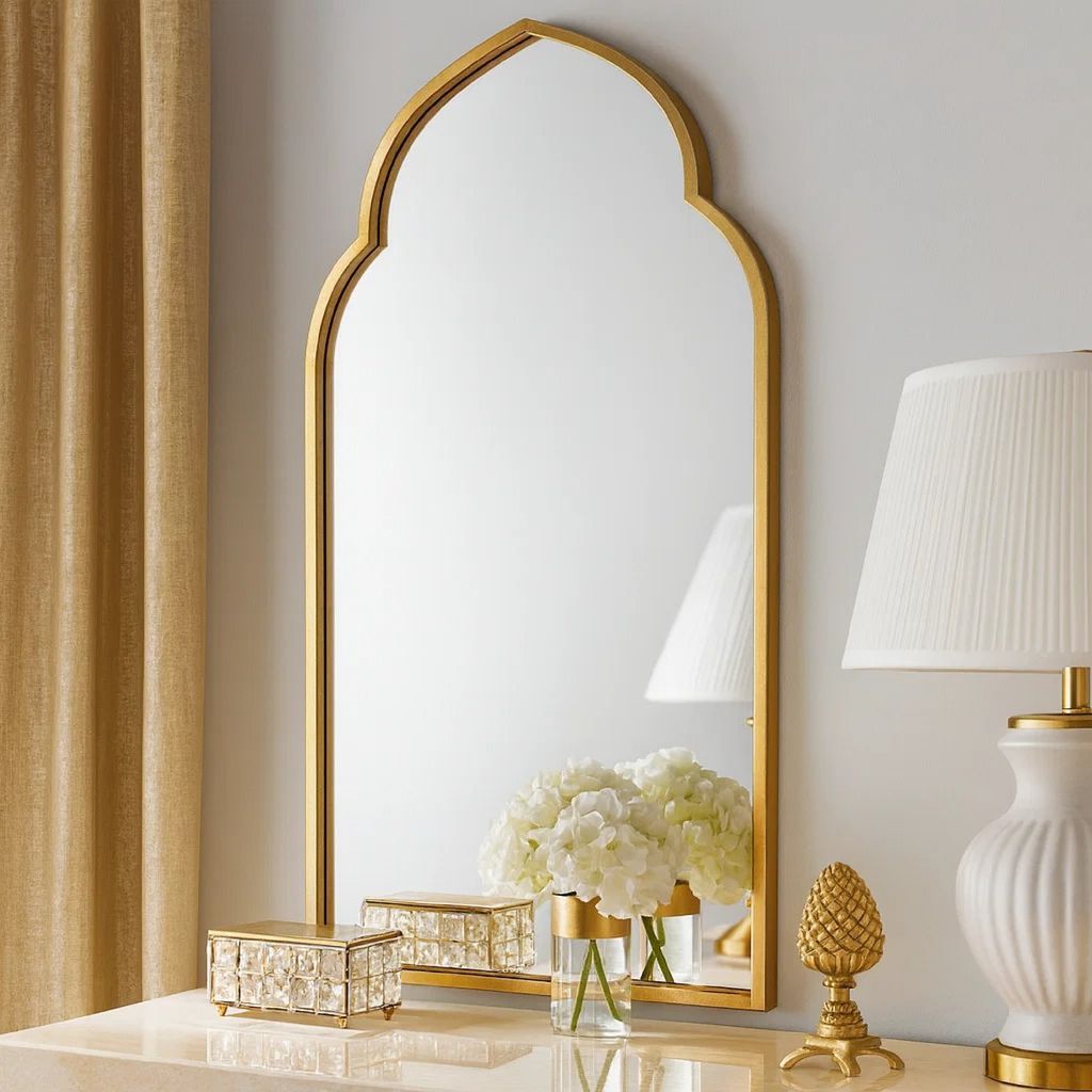 38 Inch Wood Wall Mirror, Moroccan Style, Antique Gold - View 7