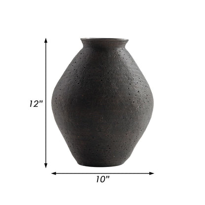 Dale 12 Inch Round Polyresin Vase, Wavy Ribbed Spiral Texture Antique Brown - View 5