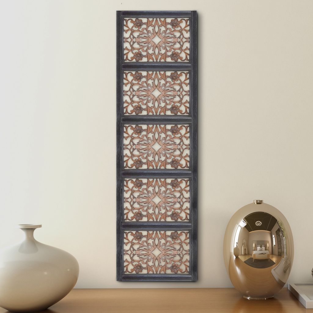 Rectangular Wall Panel with Intricate Floral Carvings, Burnt Black - View 7