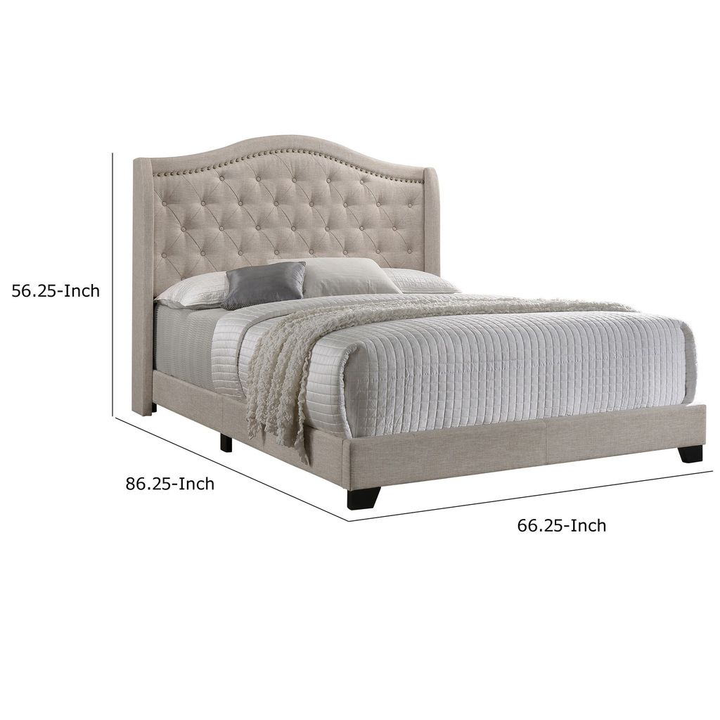 Queen Size Bed, Beige Fabric Upholstered, Camel Back, Button Tufted - View 5