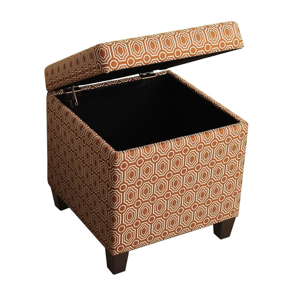 Geometric Patterned Square Wooden Ottoman with Lift Off Lid Storage, Orange and Cream - View 4
