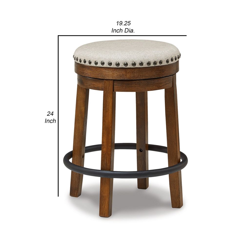Zane 24 Inch Backless Swivel Counter Stool, Round Beige Seat, Brown Wood - View 5