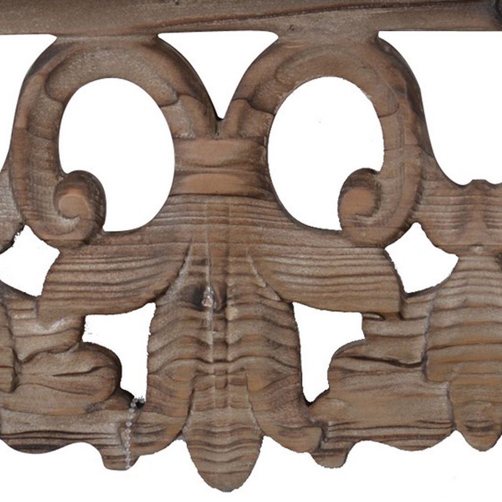 23.5 Inches Wooden Wall Shelf with Scrollwork, Small, Brown - View 4
