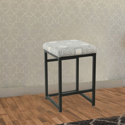 Metal Counter Stool with Geometric Pattern Fabric Upholstered Seat, Gray and Black - View 7