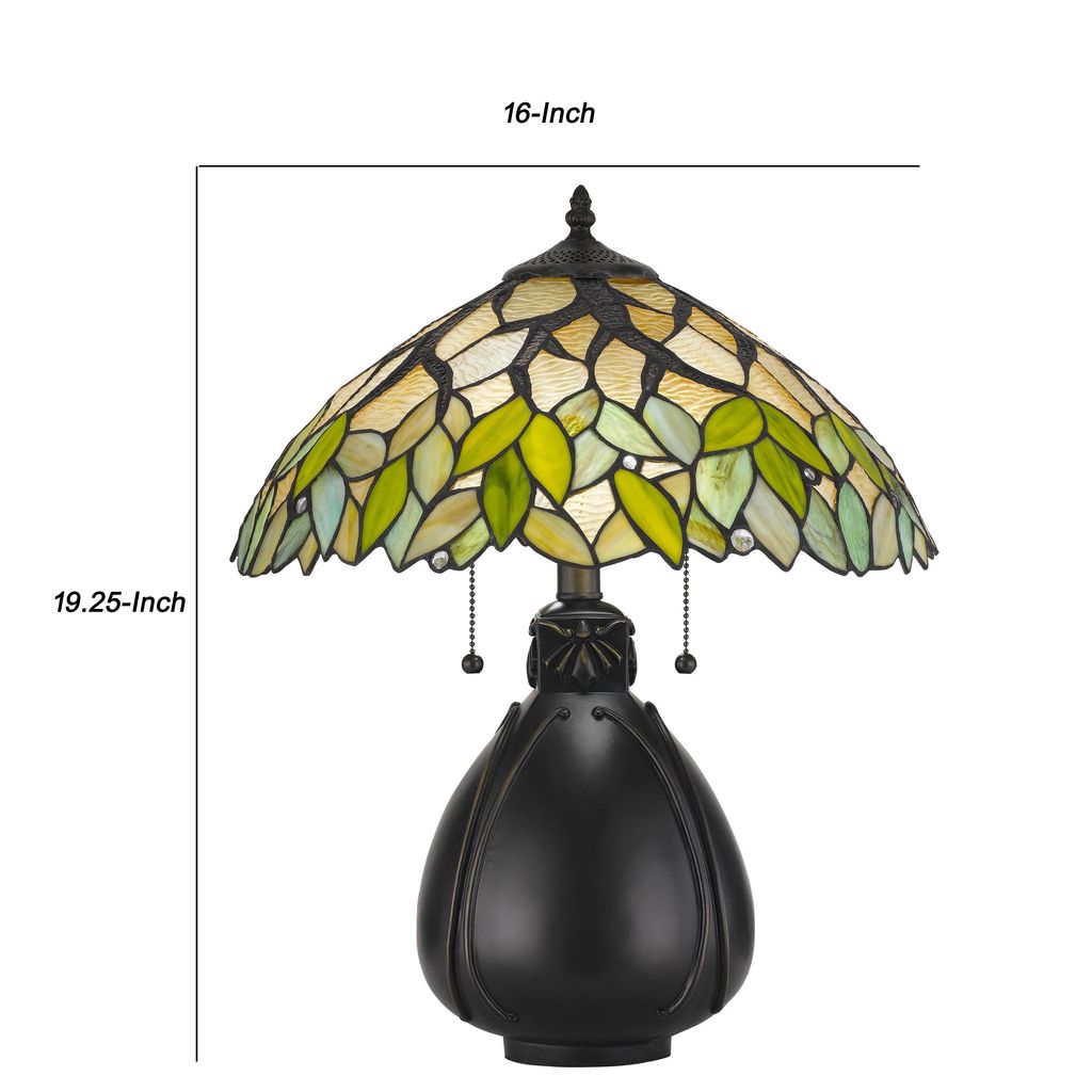 2 Bulb Tiffany Table Lamp with Leaf Design Glass Shade, Multicolor - View 6