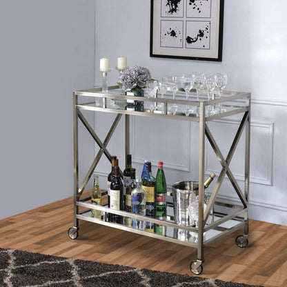Metal Framed Two Tier Serving Cart with X Shaped Side Panels, Mirrored, Antique Gold - View 7