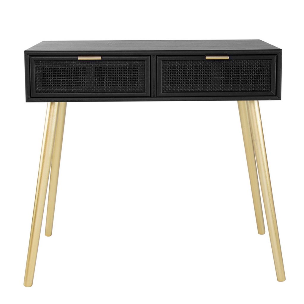 Pia 32 Inch Wood Console Table, 2 Drawers, Woven Rattan Design, Black, Gold - View 2