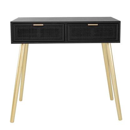 Pia 32 Inch Wood Console Table, 2 Drawers, Woven Rattan Design, Black, Gold - View 2