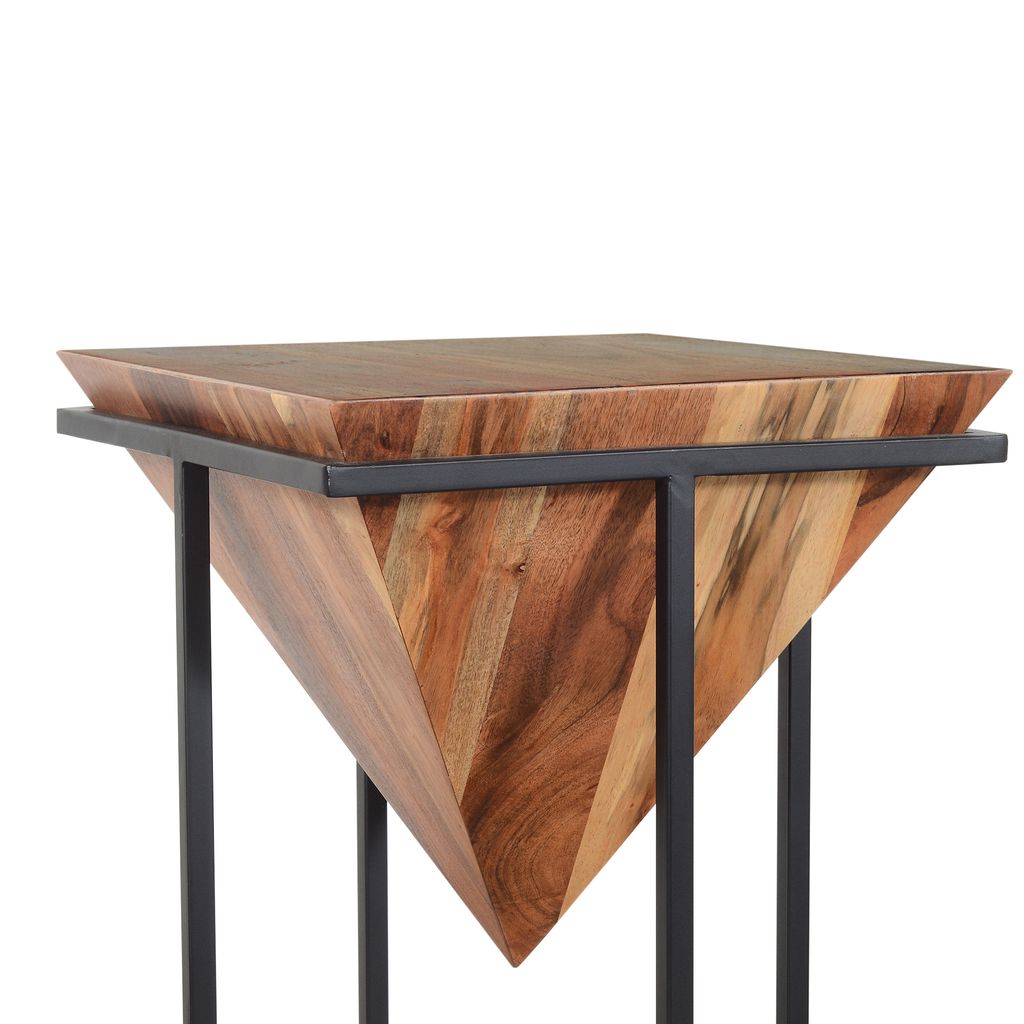 Ida 30 Inch Pyramid Shape Acacia Wood Side Table With Cross Iron Base, Brown and Black - View 2