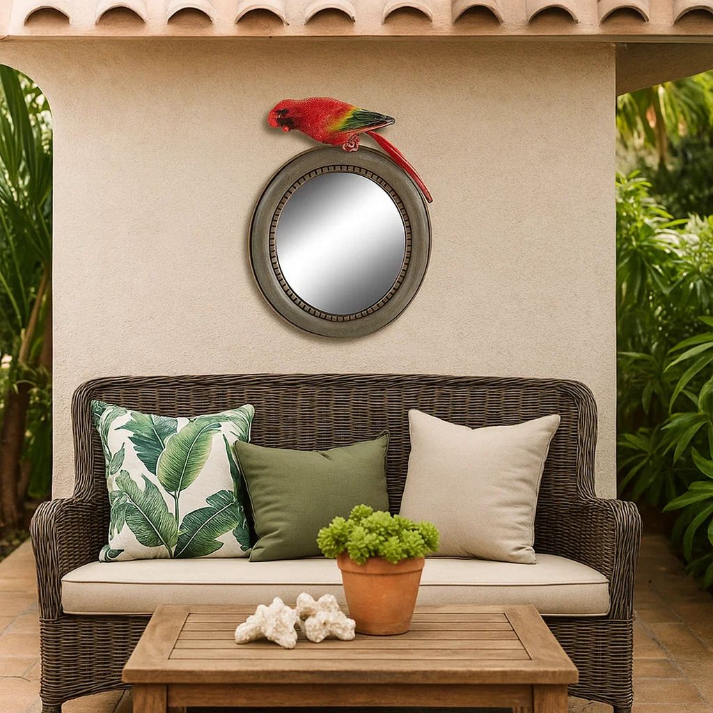 Round Wooden Framed Mirror with Parrot Sculpture Top, Multicolor - View 7