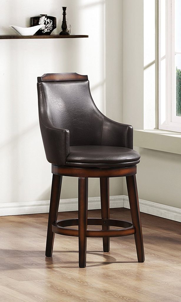 Wood & Leather Counter Height Chair with Swivel Mechanism, Brown & Black, Set of 2 - View 2
