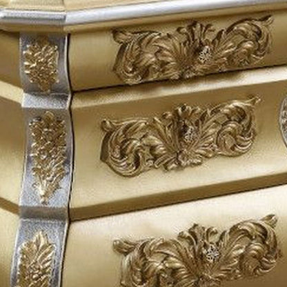 Nightstand with Bombe Shaped and 3 Carved Drawers, Gold - View 4