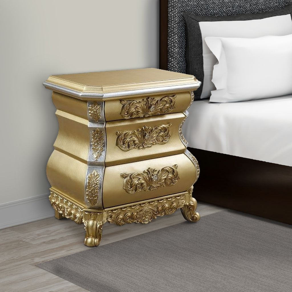 Nightstand with Bombe Shaped and 3 Carved Drawers, Gold - View 7