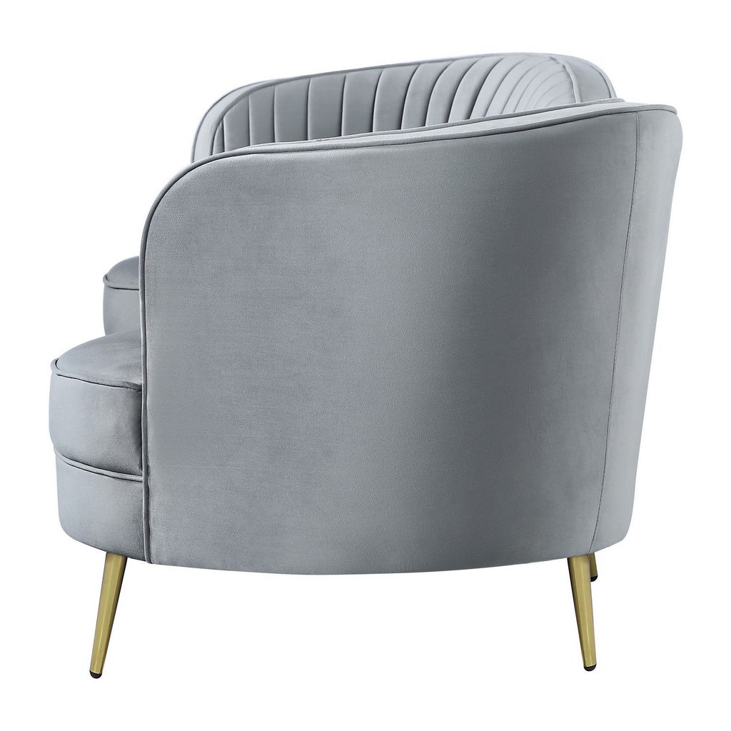 Enzo 84 Inch Modern Sofa, Curved Kidney Shape, Channel Tufted, Gray, Gold - View 3