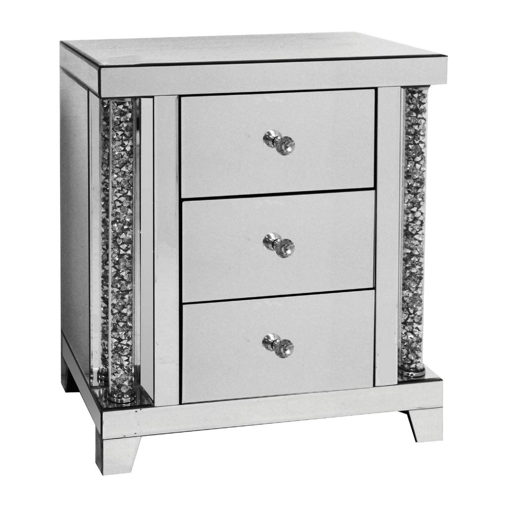 Noe 26 Inch 3 Drawer Accent Table Nightstand, Mirrored, Faux Diamond Inlay, Silver