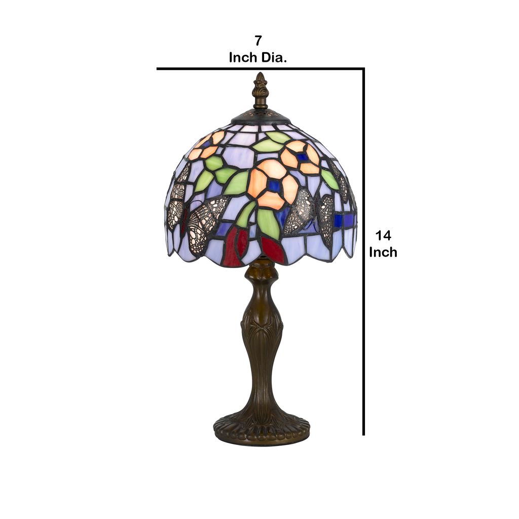 Metal Body Tiffany Table Lamp with Butterfly Design Shade, Multicolor - View 6