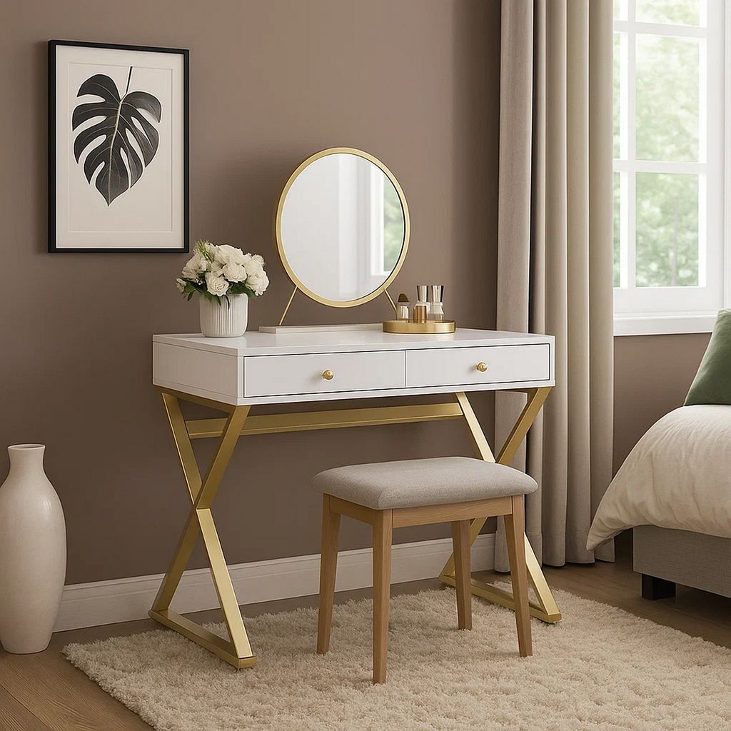 Vanity Desk with Removable Mirror and Cross Metal Legs, White and Gold - View 7