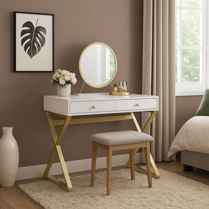 Vanity Desk with Removable Mirror and Cross Metal Legs, White and Gold - View 7