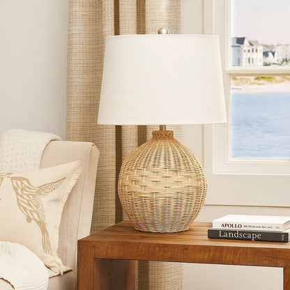 Cape 22 Inch Contemporary Rattan Table Lamp, Hand Woven, Linen Shade, Brown - View 7