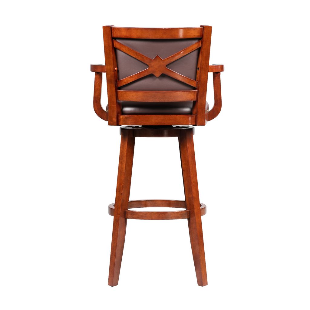 Hugo 34 Inch Swivel Barstool, Wood, Open Rolled Arms, Bonded Leather, Brown - View 4