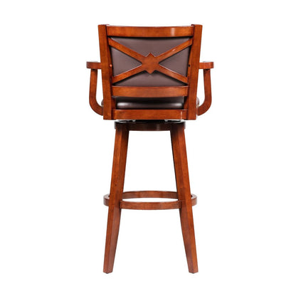 Hugo 34 Inch Swivel Barstool, Wood, Open Rolled Arms, Bonded Leather, Brown - View 4