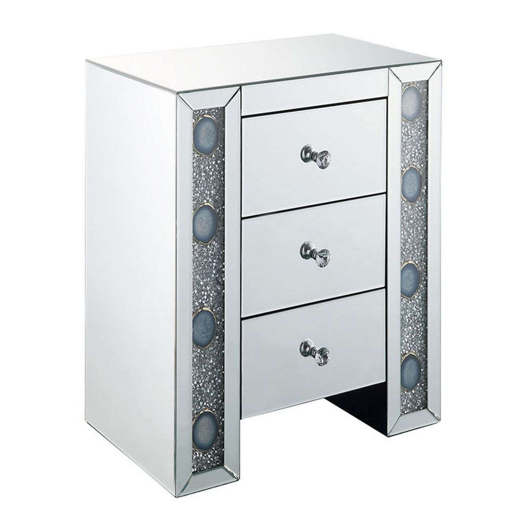 Wood & Mirror Nightstand with Agate Inserts, Silver
