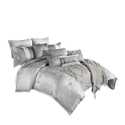 12 Piece Polyester Comforter Set with Medallion Print, Platinum Gray – King